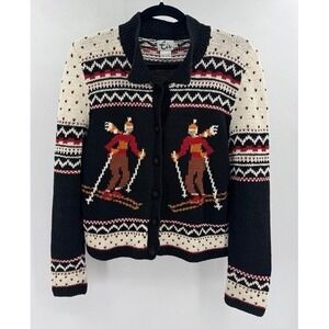 Vintage Eir Black Ski Graphic Fair Isle Knit Cardigan Sweater MEDIUM 90s Retro